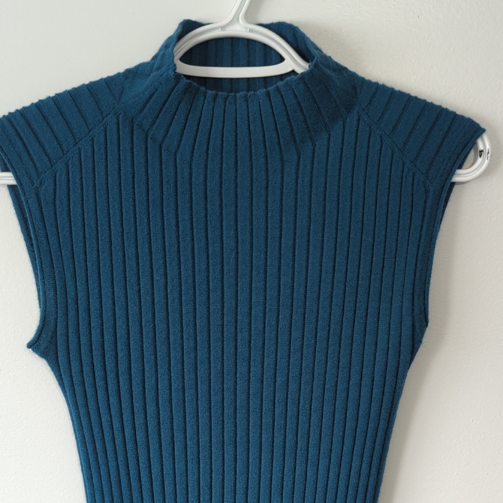 Blue Ribbed Mock Neck Sheath Dress